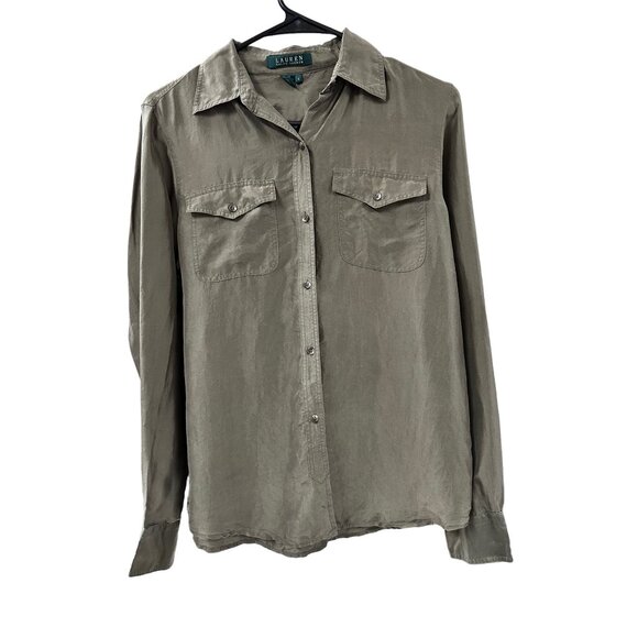 🍒 2/$20 🍒 Ralph Lauren Olive Green Button-up Blouse with Pockets sz 4 - Picture 1 of 4